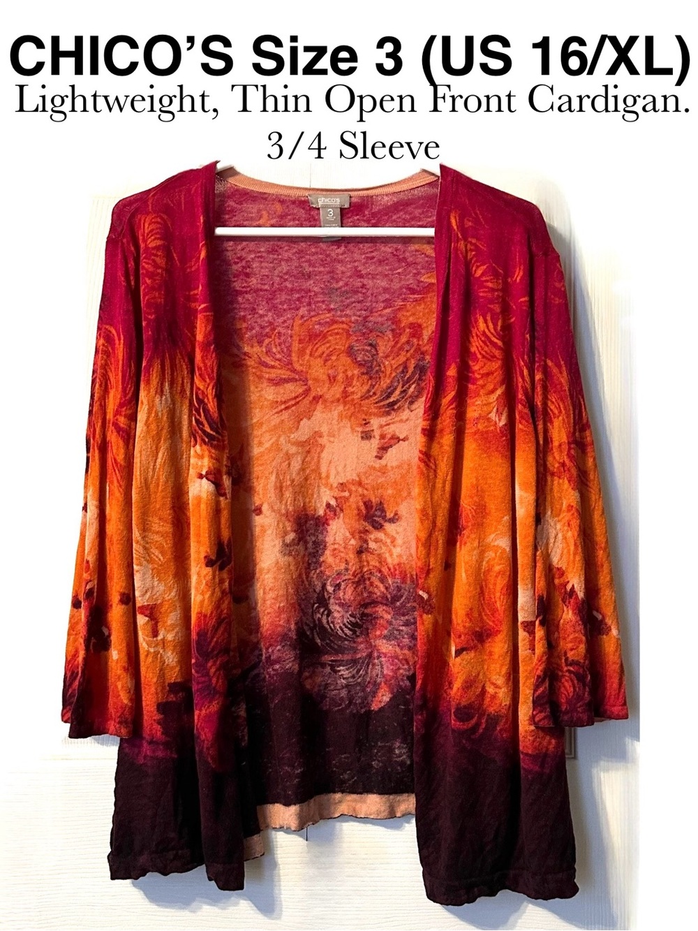 Chico's Floral Ombre Open Front 3/4 Sleeve Cardigan Top